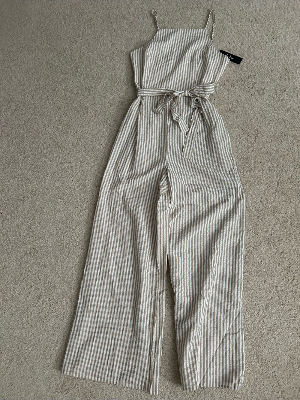 Striped Beige and White Wide-Leg Jumpsuit with Tie Waist - Picture 2 of 6